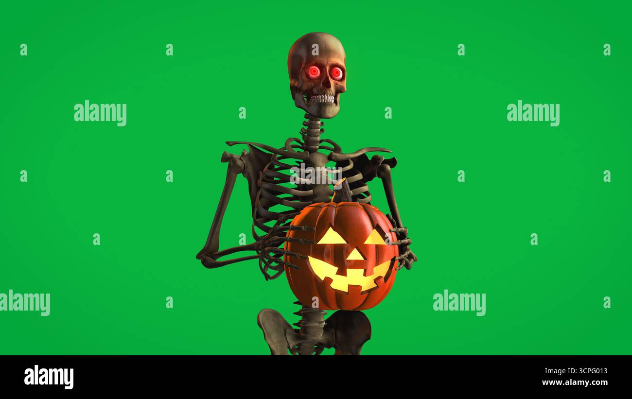 Scheletro spettrale che tiene in mano la zucca luminosa sullo schermo verde Foto Stock