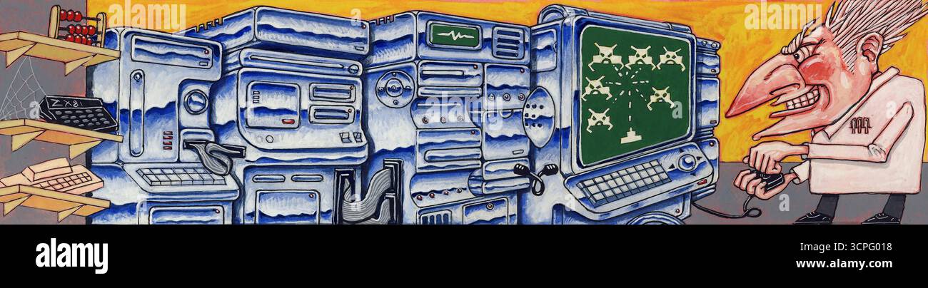 Art computer ENGINEER che gioca ai vecchi videogame per PC su super computer moderni, illustrando la rinascita di videogiochi e giochi per computer retrò/vintage Foto Stock