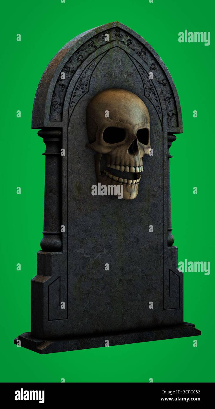 Teschio spaventoso inciso sulla lapide di pietra sullo schermo verde Foto Stock