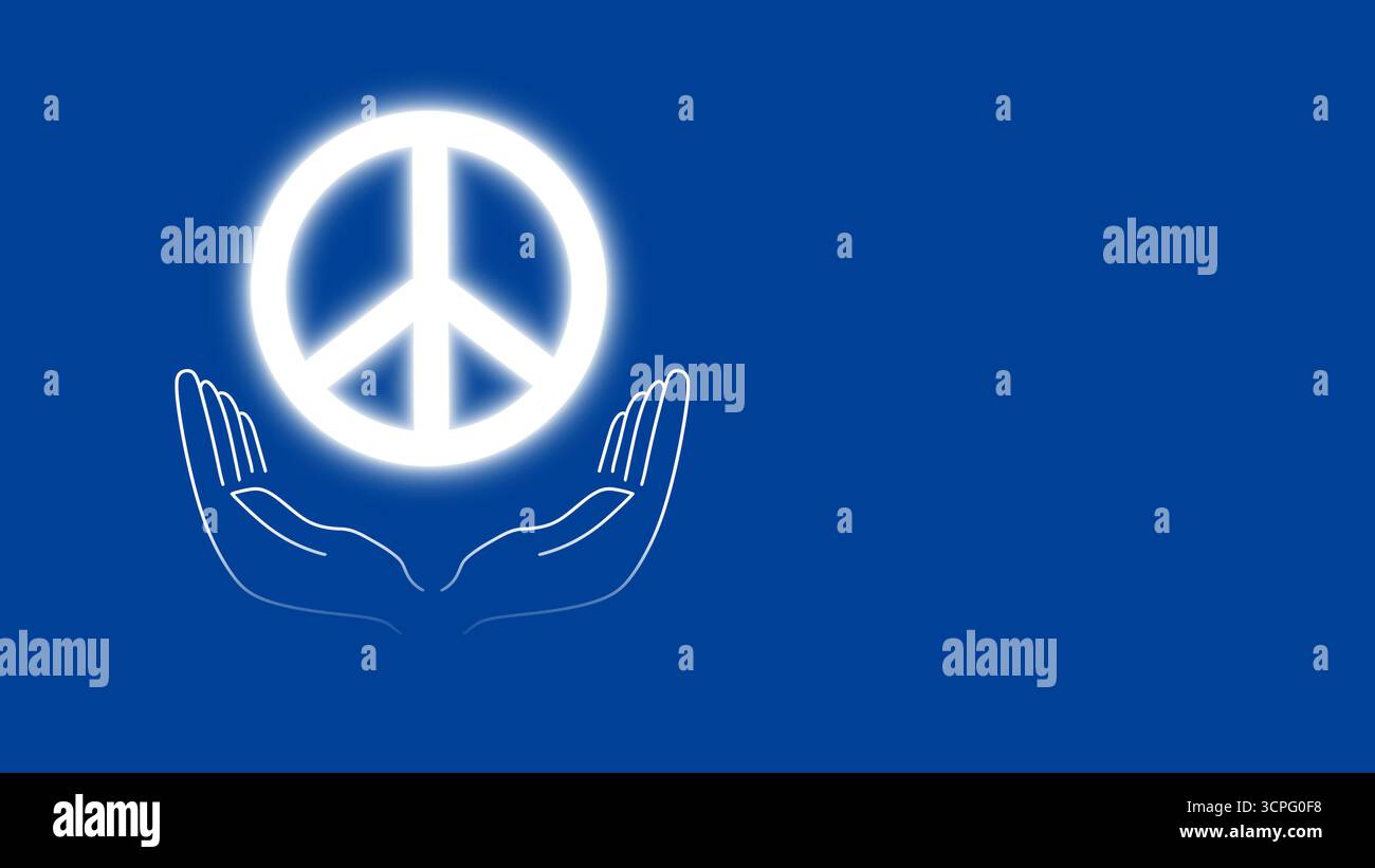 Mani con luccicante simbolo di pace su sfondo blu Foto Stock