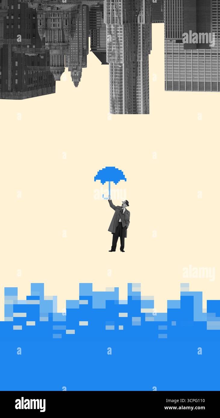 Arte del collage surreale. Uomo con ombrello sotto la pioggia pixelata e rovesciato sullo sfondo della città Foto Stock