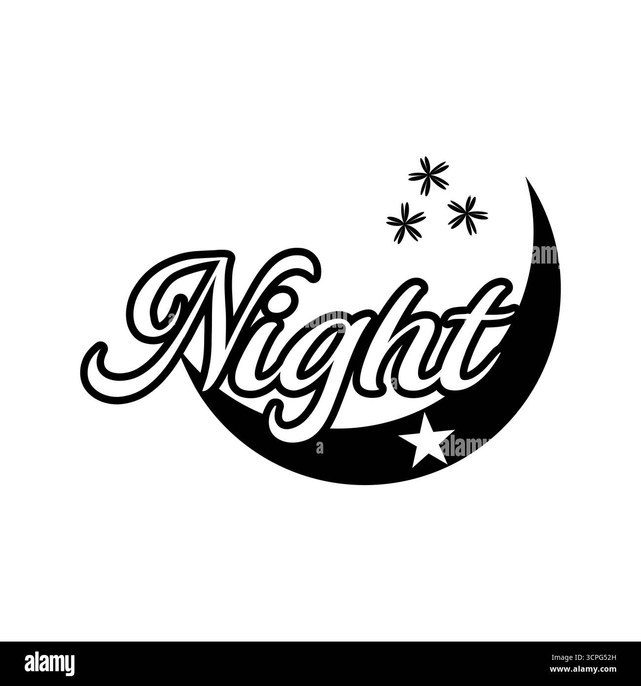 Elegante tipografia notturna con luna crescente, stelle e silhouette floreale Illustrazione Vettoriale