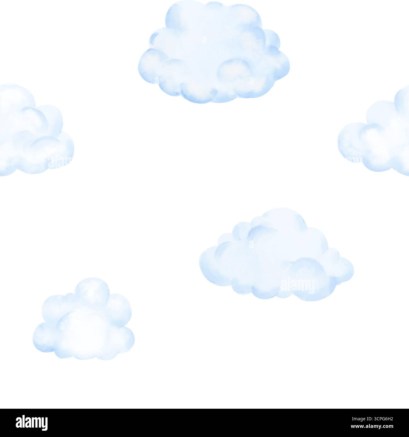 Nuvole morbide, motivo senza cuciture illustrazione digitale acquerello. Cielo nuvoloso, isolato su sfondo bianco. Per la stampa su tessuti, biglietti, inviti Foto Stock