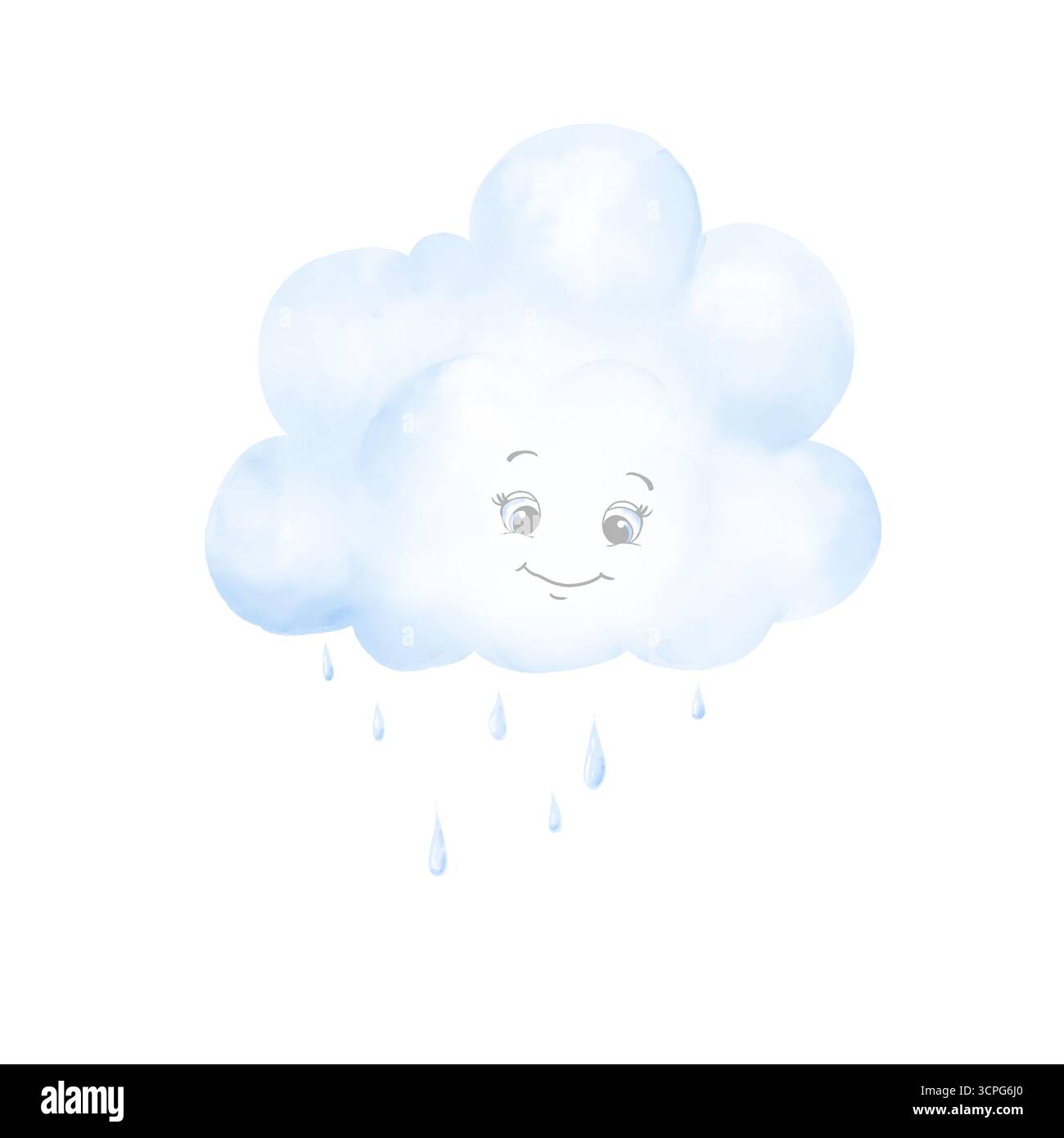 Una soffice nuvola con gli occhi guarda verso il basso le gocce di pioggia. Illustrazione digitale acquerello. Una divertente nuvola blu sorride, isolata su sfondo bianco. Fil Foto Stock