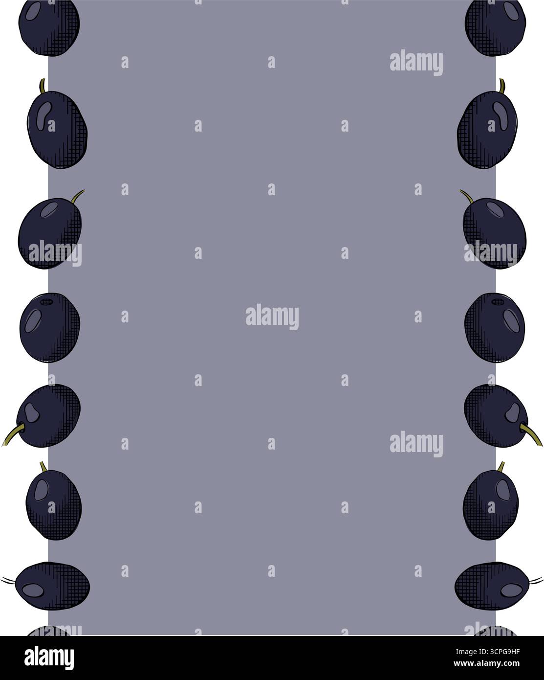 Modello cornice verticale con bordo senza cuciture color oliva e bacca nera. Illustrazione colorata con inchiostro a linee grafiche vettoriali. Firma silhouette per logo, stampa, fumetti, fash Illustrazione Vettoriale