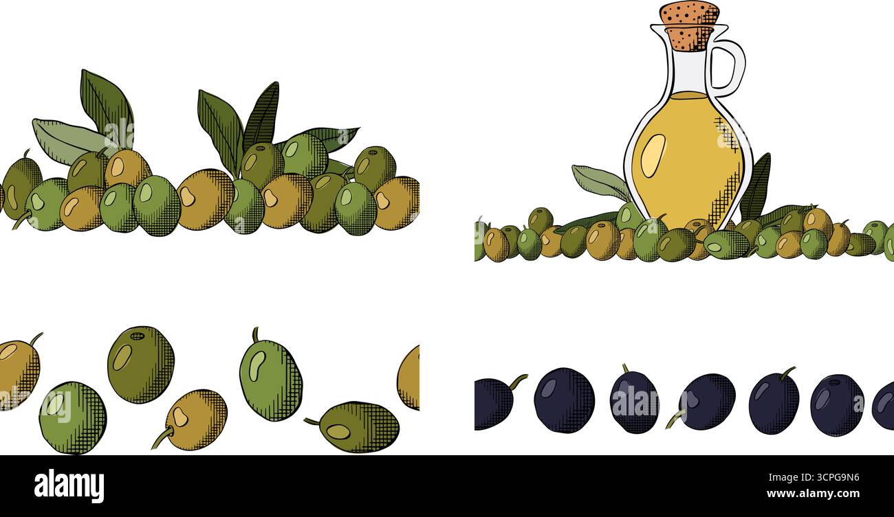 Bacche di oliva, olio e foglie senza cuciture bordo orizzontale. Illustrazione colorata con inchiostro a linee grafiche vettoriali. Stampa di imballaggi per la progettazione di prodotti alimentari per poster, Illustrazione Vettoriale