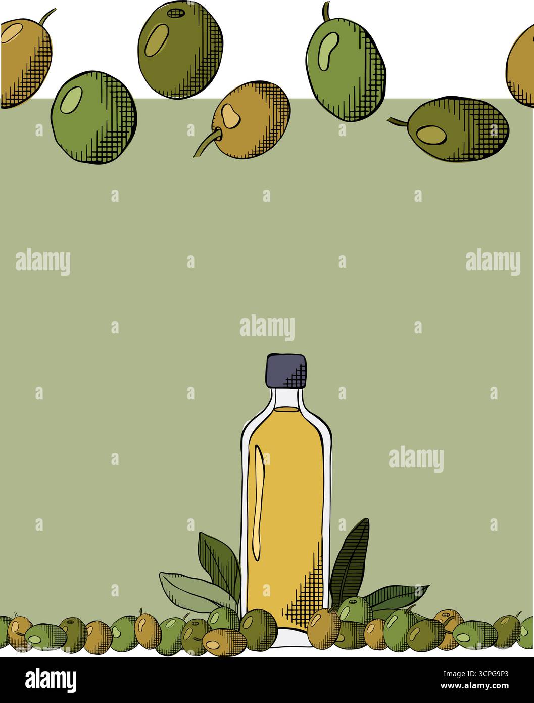 Profilo orizzontale con bordo senza cuciture per olio d'oliva, bacche e foglie. Illustrazione colorata con inchiostro a linee grafiche vettoriali. Banner, packaging dei prodotti, design Illustrazione Vettoriale