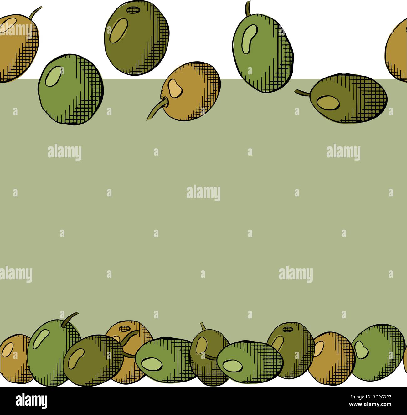 Modello cornice orizzontale con bordo senza cuciture e frutti di oliva. Illustrazione colorata con inchiostro a linee grafiche vettoriali. Corona di olive per la dieta mediterranea. Per poster, Illustrazione Vettoriale