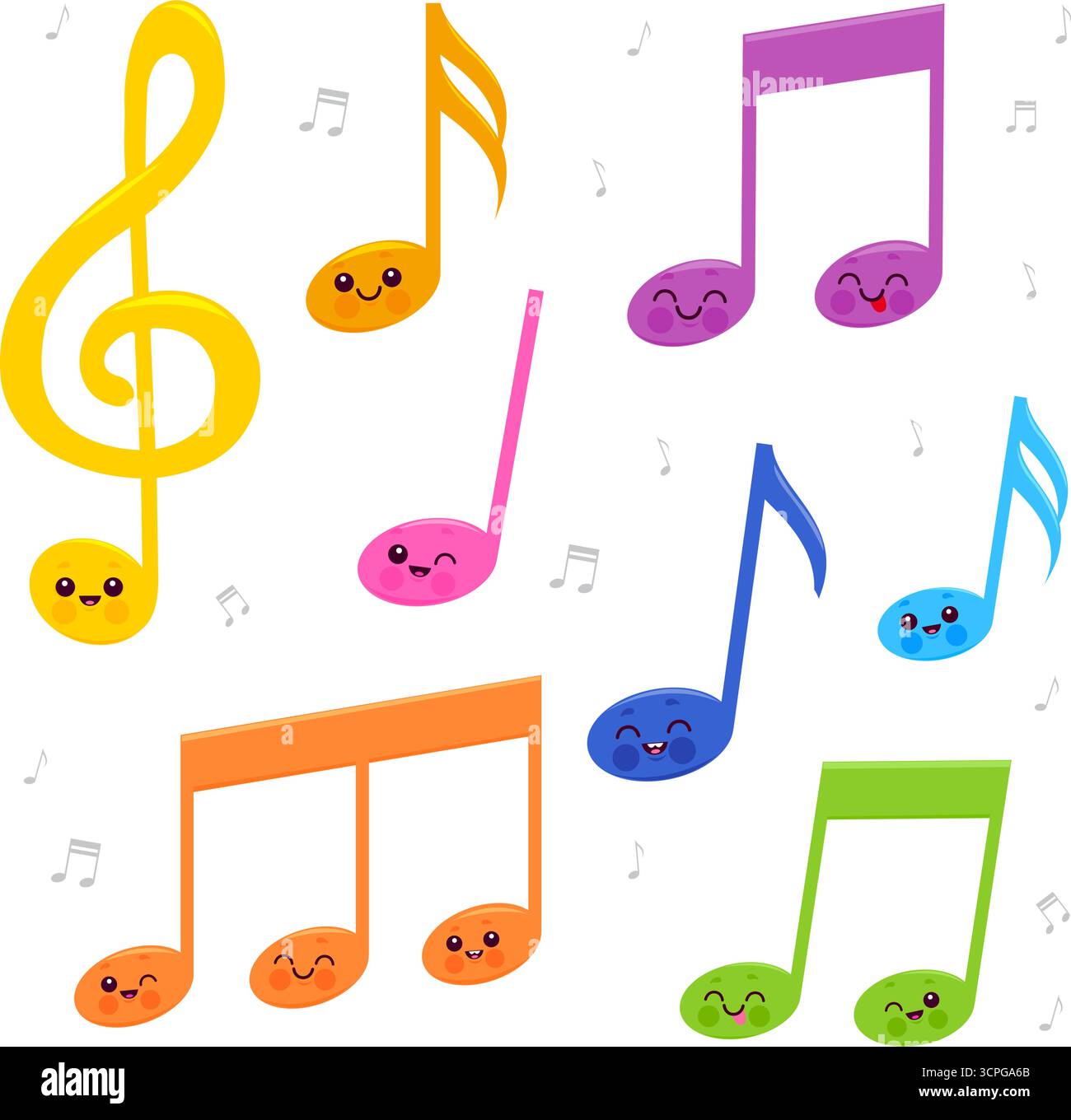 Carini personaggi delle note musicali. I cartoni animati della melodia Kawaii suonano musica. Piccole note colorate cantano e ballano. Attività didattica per bambini. Illustrazione Vettoriale