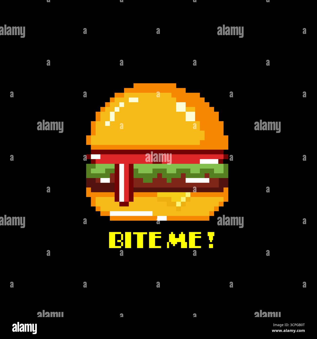Pixel Art Burger con illustrazione vettoriale Bite me Text Design Illustrazione Vettoriale