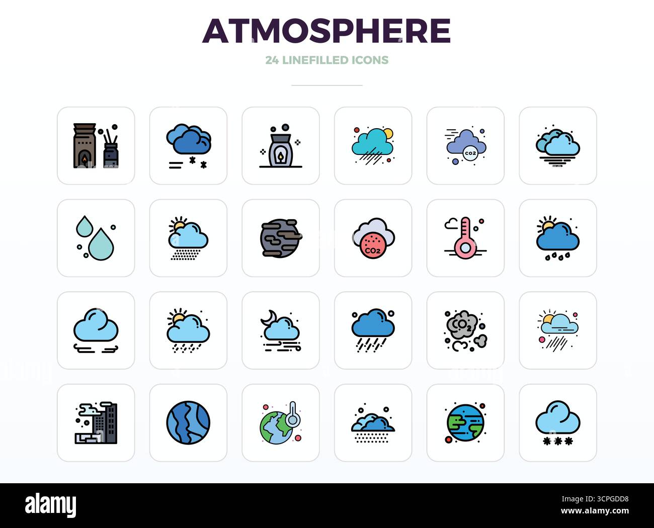 Pacchetto strategico con 24 icone vettoriali che rappresentano l'atmosfera in formato LineFill, ottimizzato con 128x128 PIXEL qualità perfetta per i professionisti Illustrazione Vettoriale