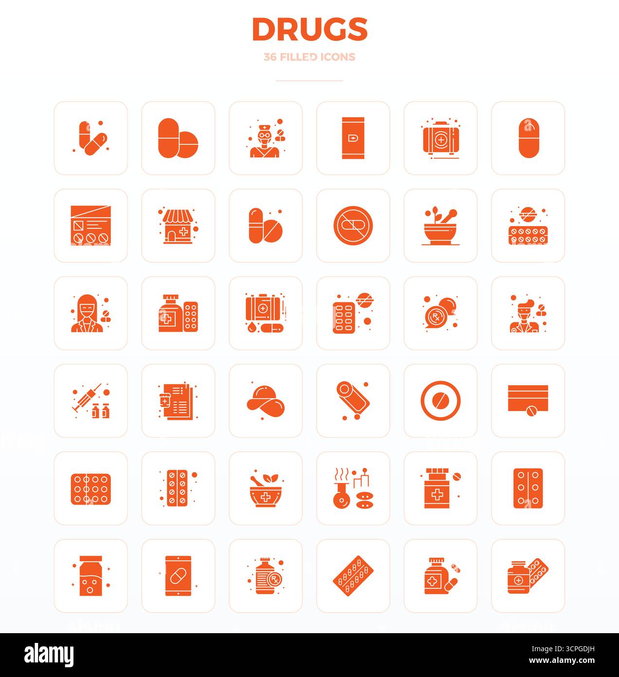 Confezione innovativa di 36 icone vettoriali incentrate sui farmaci, con design SolidFill in formato da 128 x 128 PIXEL perfetto per le moderne soluzioni digitali. Illustrazione Vettoriale