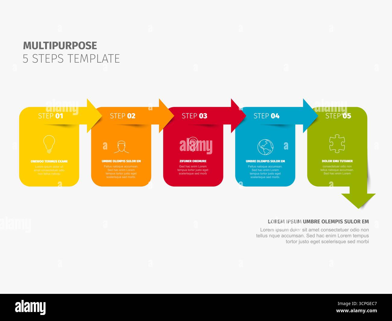 Un'infografica sul modello a 5 fasi multifunzione con frecce colorate e passaggi numerati per la visualizzazione dei processi. Prestazioni modello versatile in 5 fasi Illustrazione Vettoriale