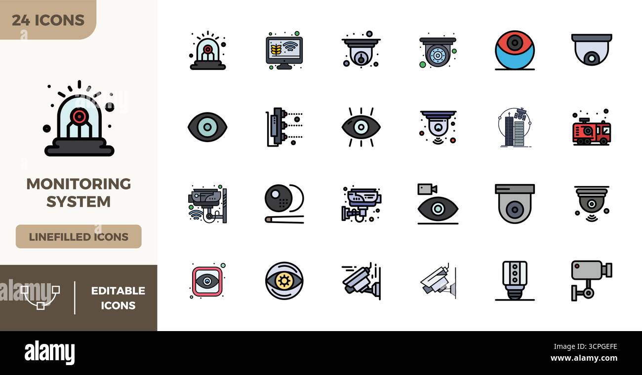 Confezione esclusiva di icone vettoriali perfette da 24 PIXEL ispirate al sistema di monitoraggio, realizzate in formato Flat Lineal Color a 128x128 per un marchio memorabile Illustrazione Vettoriale