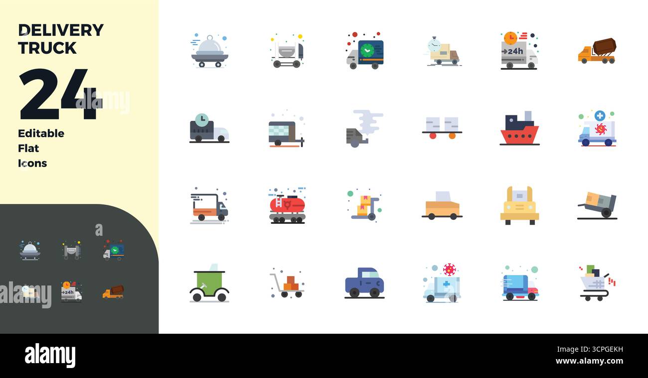 Collezione esclusiva di 24 icone vettoriali piatte per Delivery Truck, sviluppata con risoluzione perfetta da 128 x 128 PIXEL per esperienze di marca di livello premium. Illustrazione Vettoriale