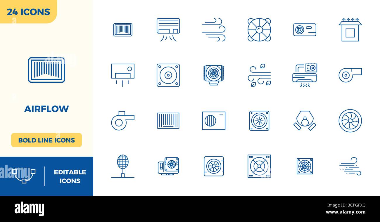 Raccolta avanzata di icone vettoriali perfette da 24 PIXEL ispirate al flusso d'aria, realizzata in Heavy Line con ottimizzazione 128x128 per una performa visiva superiore Illustrazione Vettoriale
