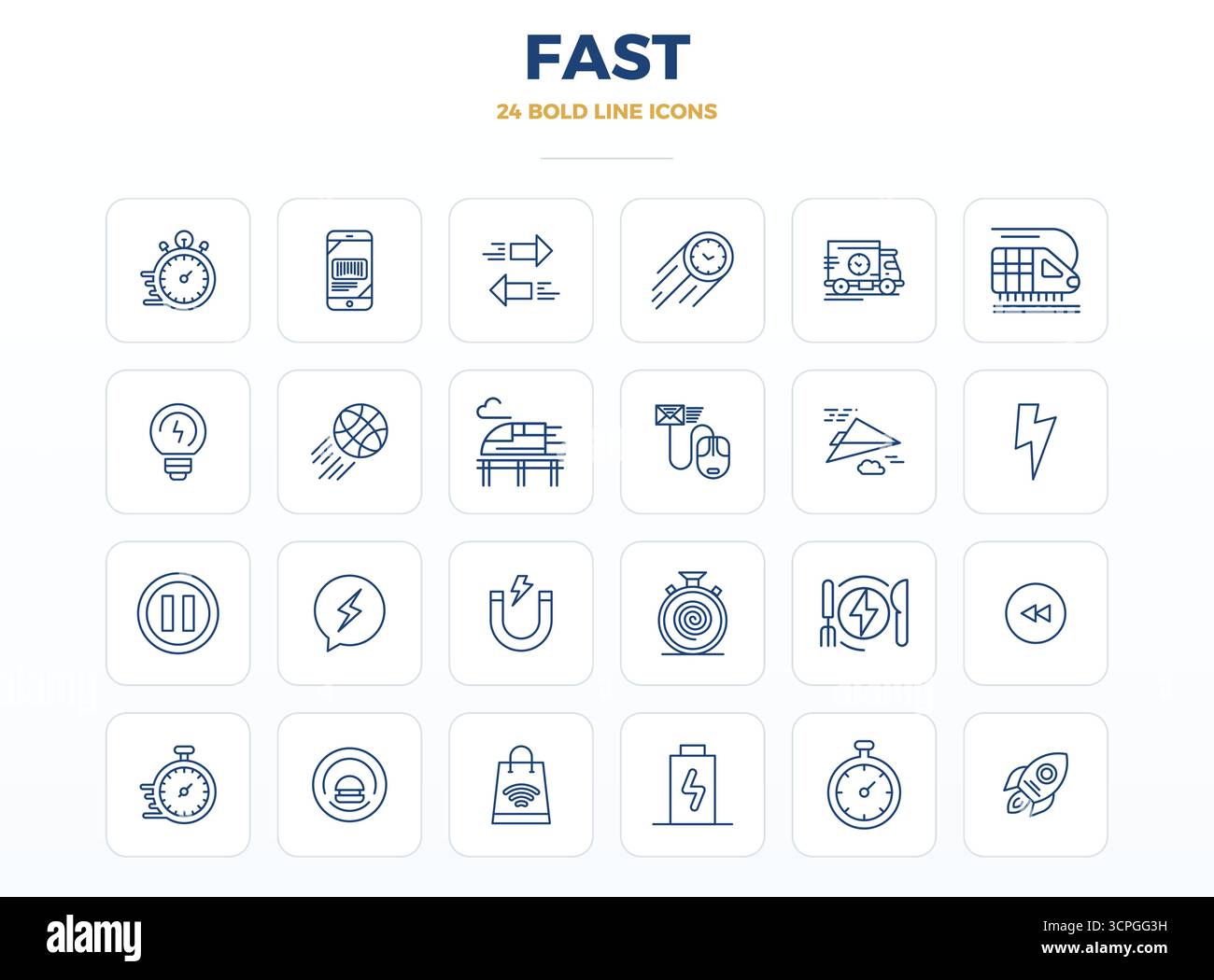 Questa collezione presenta 24 icone vettoriali strong Outline PIXEL Perfect, personalizzate per il tema Fast, ottimizzate in formato 128x128 per il design digitale. Illustrazione Vettoriale