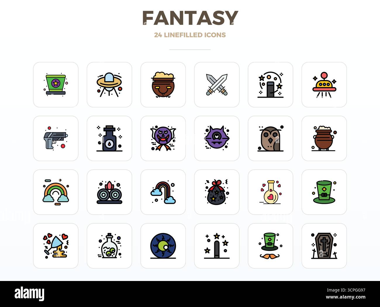 Pacchetto completo di 24 icone vettoriali incentrate su Fantasy, con design LineFill in 128 x 128 PIXEL, qualità perfetta per le interfacce moderne. Illustrazione Vettoriale