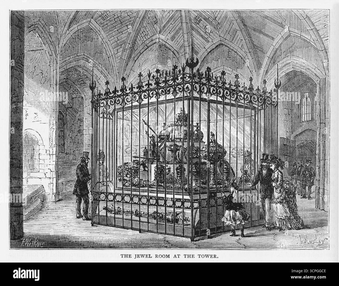 Un'incisione di visitatori che ammirano i Gioielli della Corona d'Inghilterra alla Torre di Londra. Foto Stock