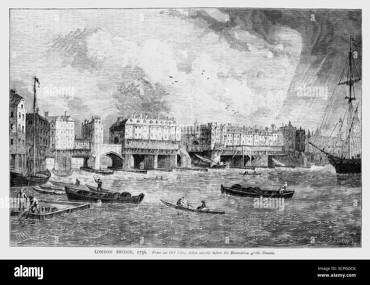 Un'incisione del London Bridge, 1756 con case costruite su di esso Foto Stock