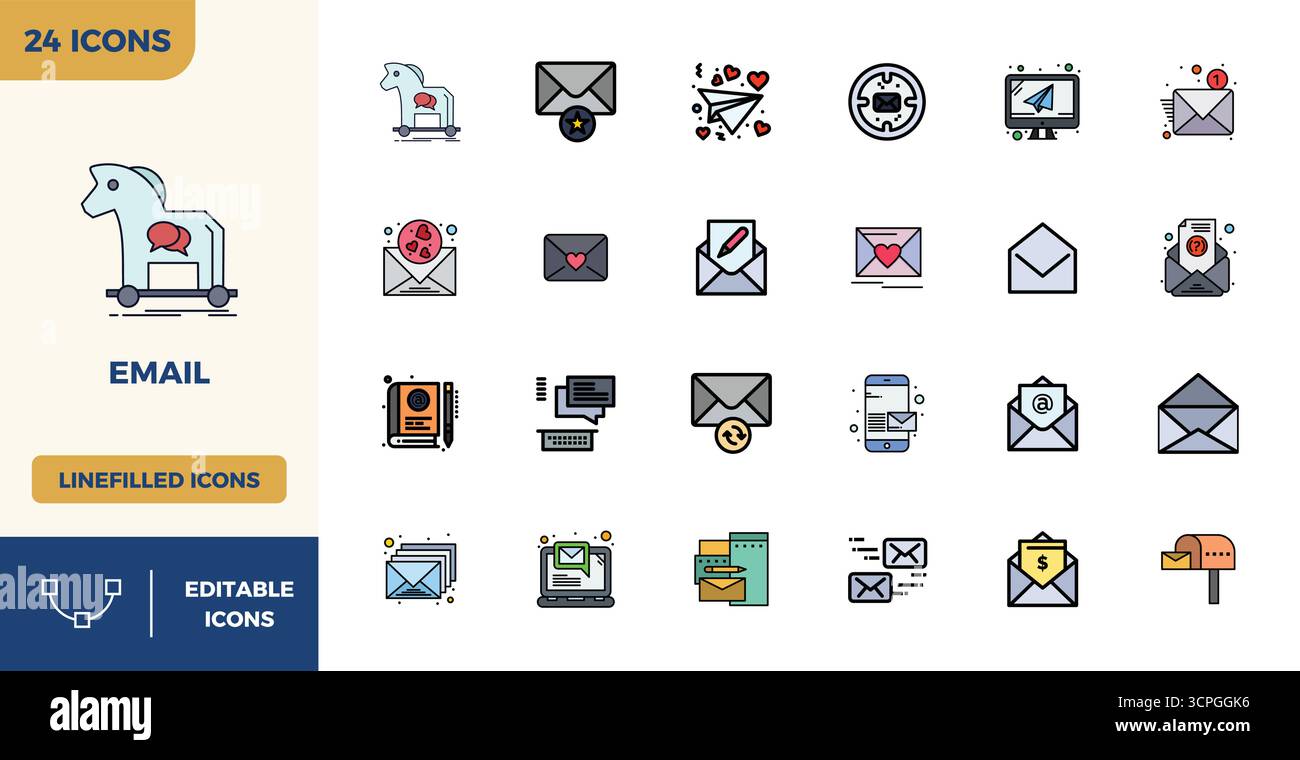 Pacchetto all'avanguardia con icone vettoriali perfette da 24 PIXEL ispirate alle e-mail, creato in formato Flat Lineal Color a 128x128 per la prossima generazione Illustrazione Vettoriale