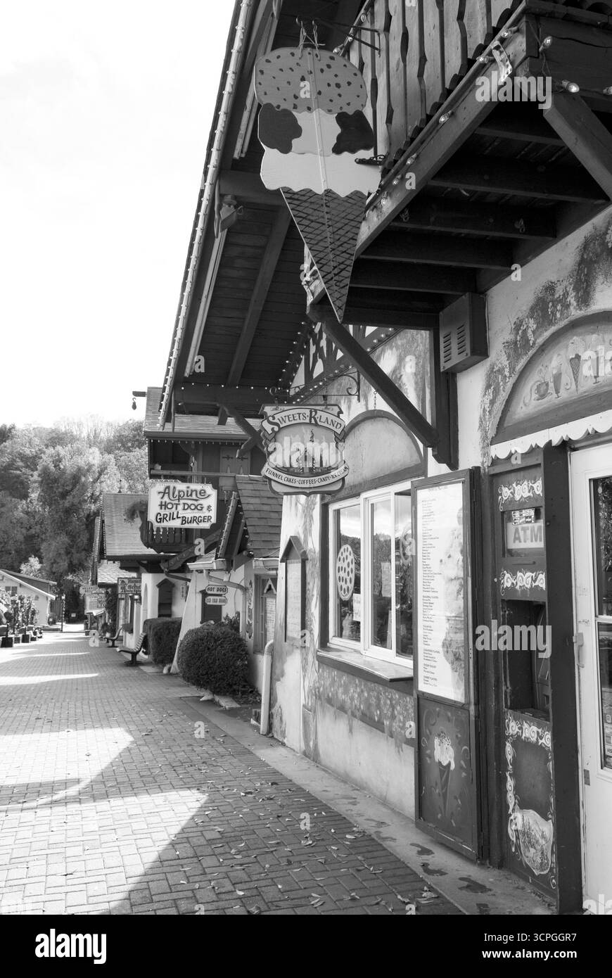 Vista sulla strada di Helen, Georgia, USA, con negozi in stile bavarese e vetrine del villaggio. Foto Stock