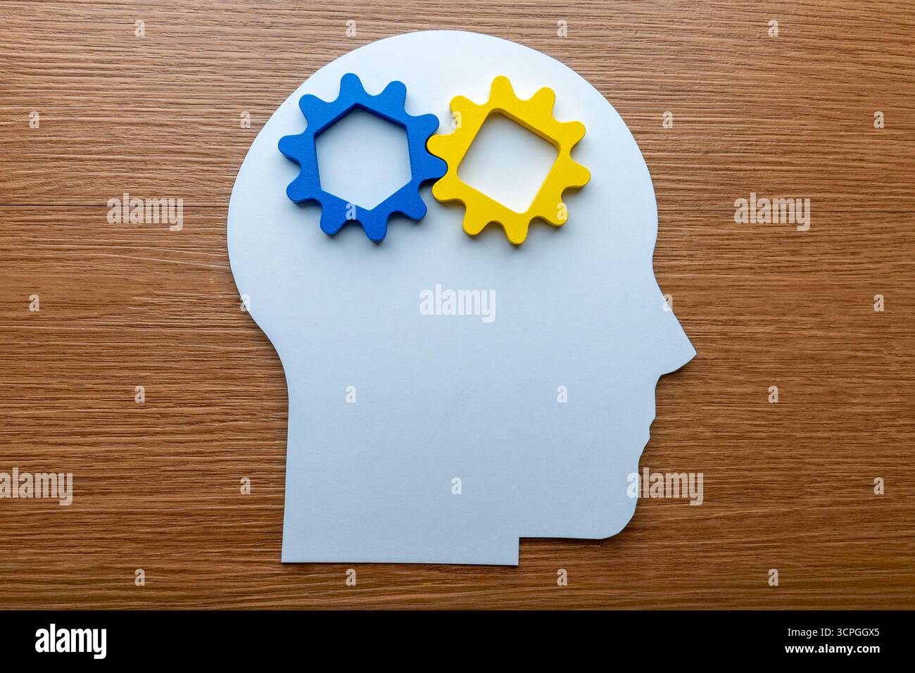 Ritaglio di carta di una testa umana con ingranaggi blu e gialli. Pensiero, intelligenza, creatività e concetto di problem solving. Foto Stock