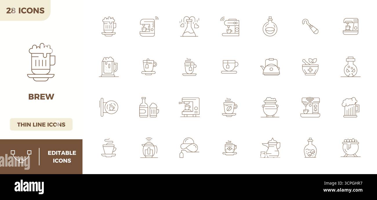 Set semplificato di 28 icone vettoriali per Brew in stile minimal Line, con risoluzione perfetta da 128 x 128 PIXEL per un'esperienza utente senza interruzioni. Illustrazione Vettoriale