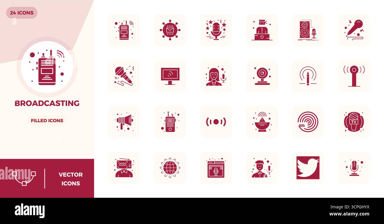 Scopri un set di 24 icone vettoriali piene create per il tema Broadcasting, con design perfetti da 128x128 PIXEL, ideali per i moderni progetti UI/UX. Illustrazione Vettoriale
