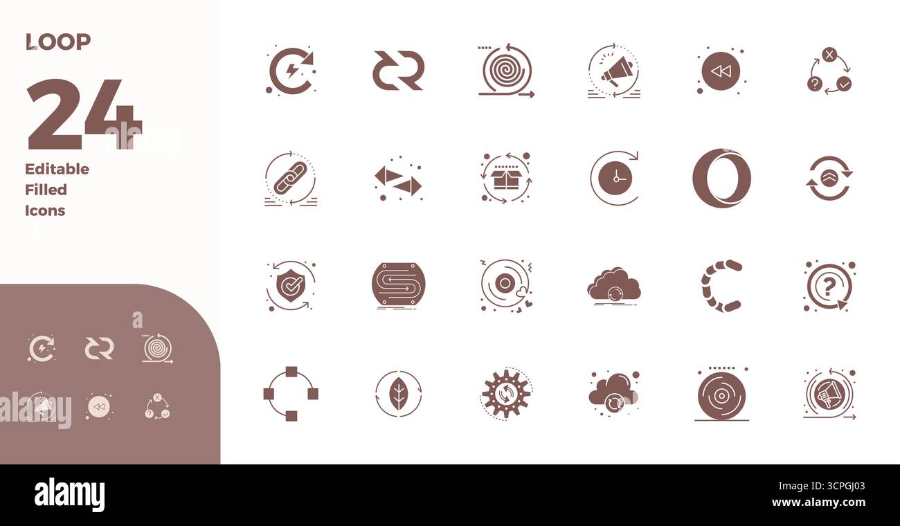 Sofisticato pacchetto di 24 icone vettoriali riempite di glifo per Loop, progettato con 128x128 PIXEL DI nitidezza perfetta per applicazioni professionali. Illustrazione Vettoriale