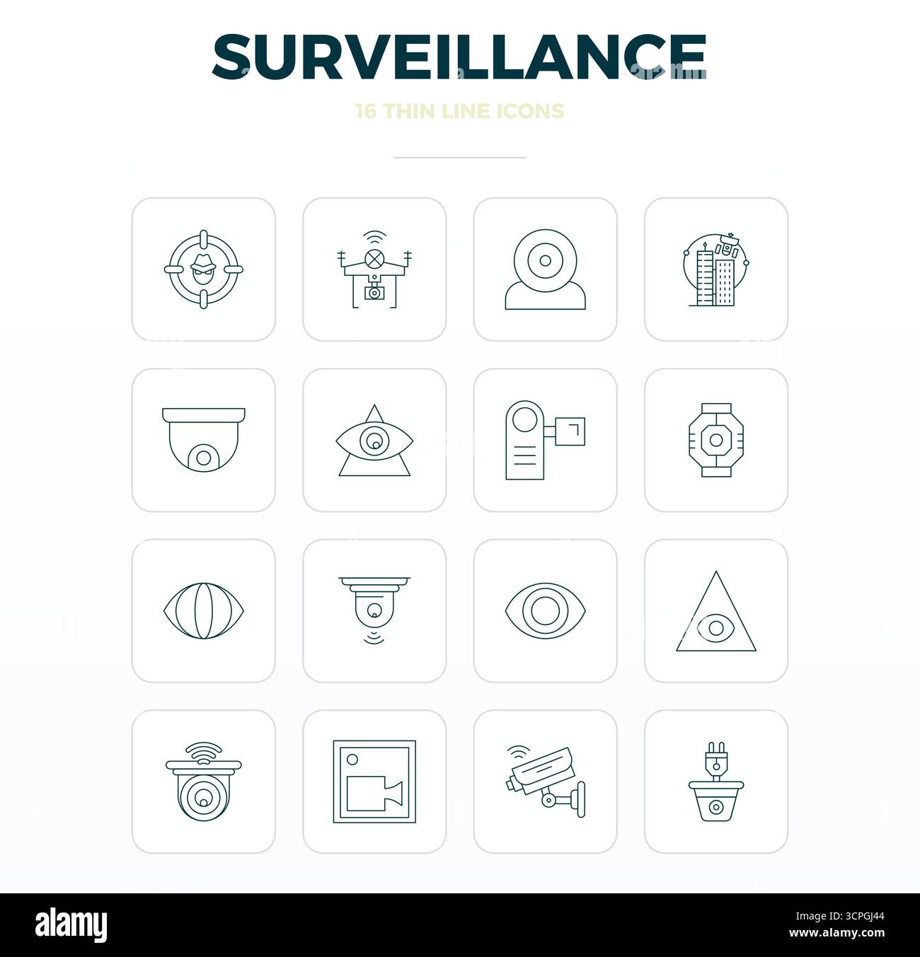 Un set versatile di 16 icone vettoriali perfette per PIXEL sottili incentrate sulla sorveglianza, in formato 128 x 128 nitido, ideale per applicazioni mobili e Web Illustrazione Vettoriale