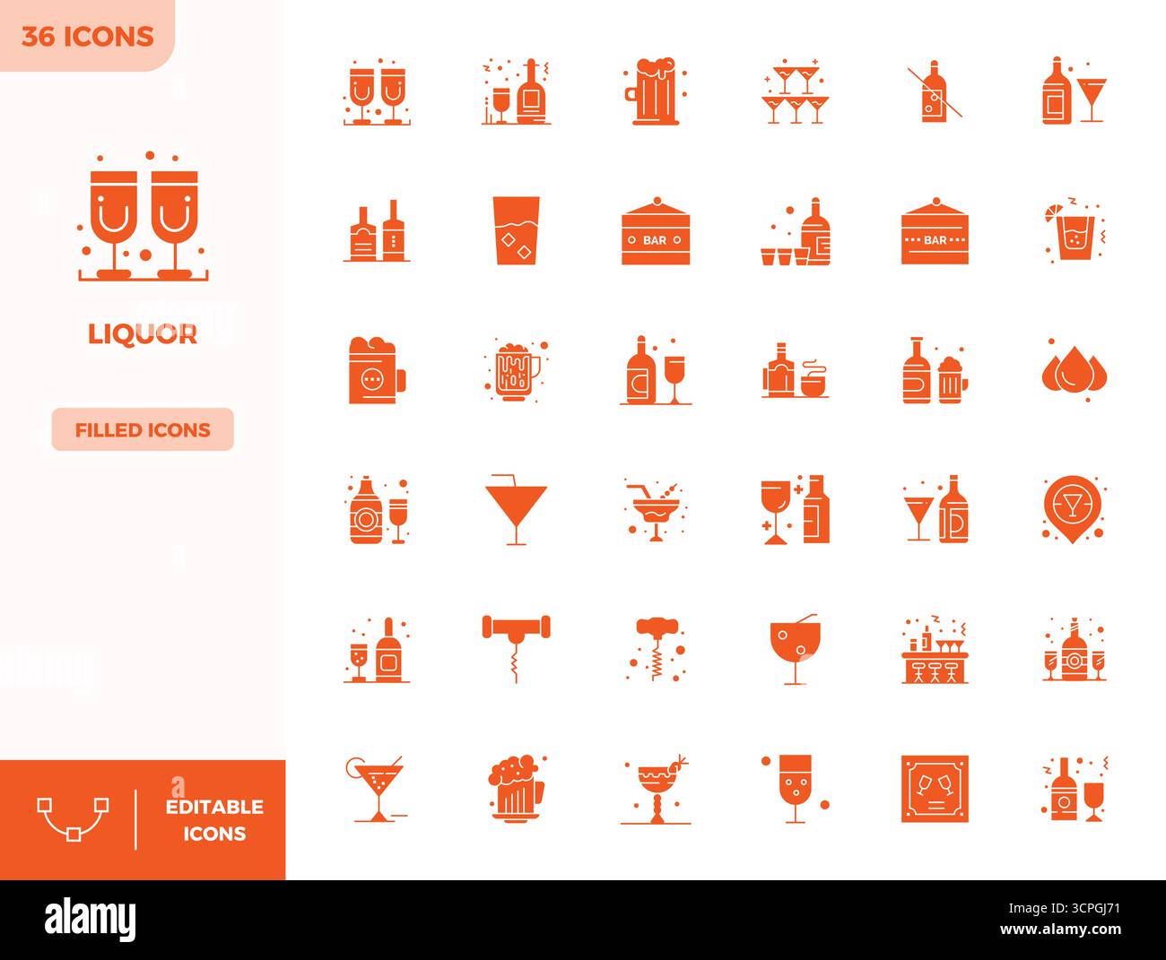 Raccolta ad alte prestazioni di 36 icone vettoriali piene per Liquor, progettata con risoluzione perfetta da 128x128 PIXEL per un design ottimale dell'interfaccia utente. Illustrazione Vettoriale