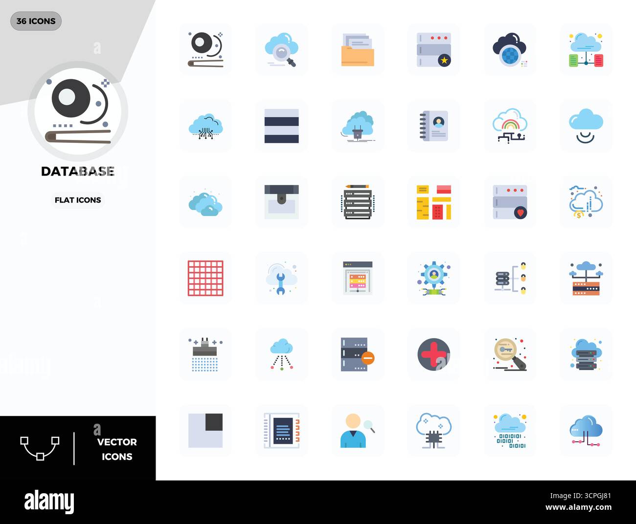 Icone vettoriali perfette da 36 PIXEL piatti perfettamente bilanciate per database, con dimensioni di 128x128 per un'integrazione armoniosa nei progetti di progettazione digitale. Illustrazione Vettoriale