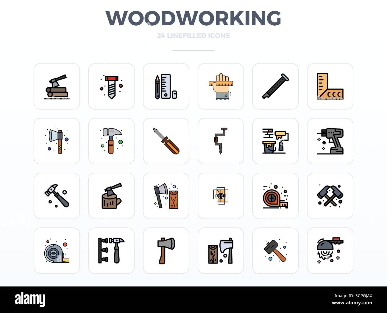 Raccolta ad alte prestazioni di 24 icone vettoriali LineFill per la lavorazione del legno, progettata con risoluzione perfetta di 128x128 PIXEL per un'interfaccia utente ottimale d Illustrazione Vettoriale