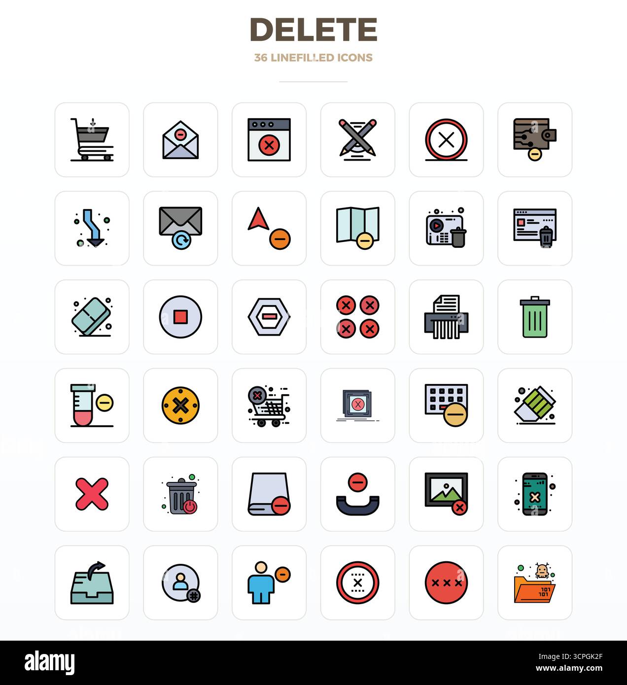 Trasforma i tuoi progetti con 36 icone vettoriali LineFill incentrate su Delete, progettate con risoluzione perfetta da 128x128 PIXEL per la massima chiarezza. Illustrazione Vettoriale