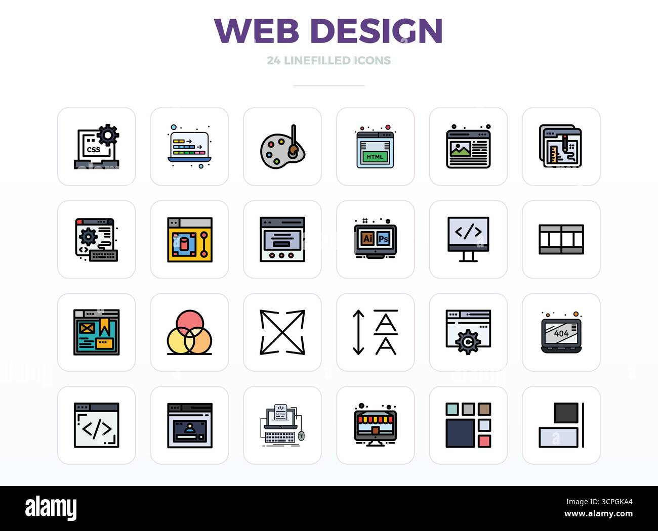 Collezione esclusiva di 24 icone vettoriali LineFill per Web Design, sviluppata con risoluzione perfetta da 128x128 PIXEL per esperienze di marca di livello premium. Illustrazione Vettoriale