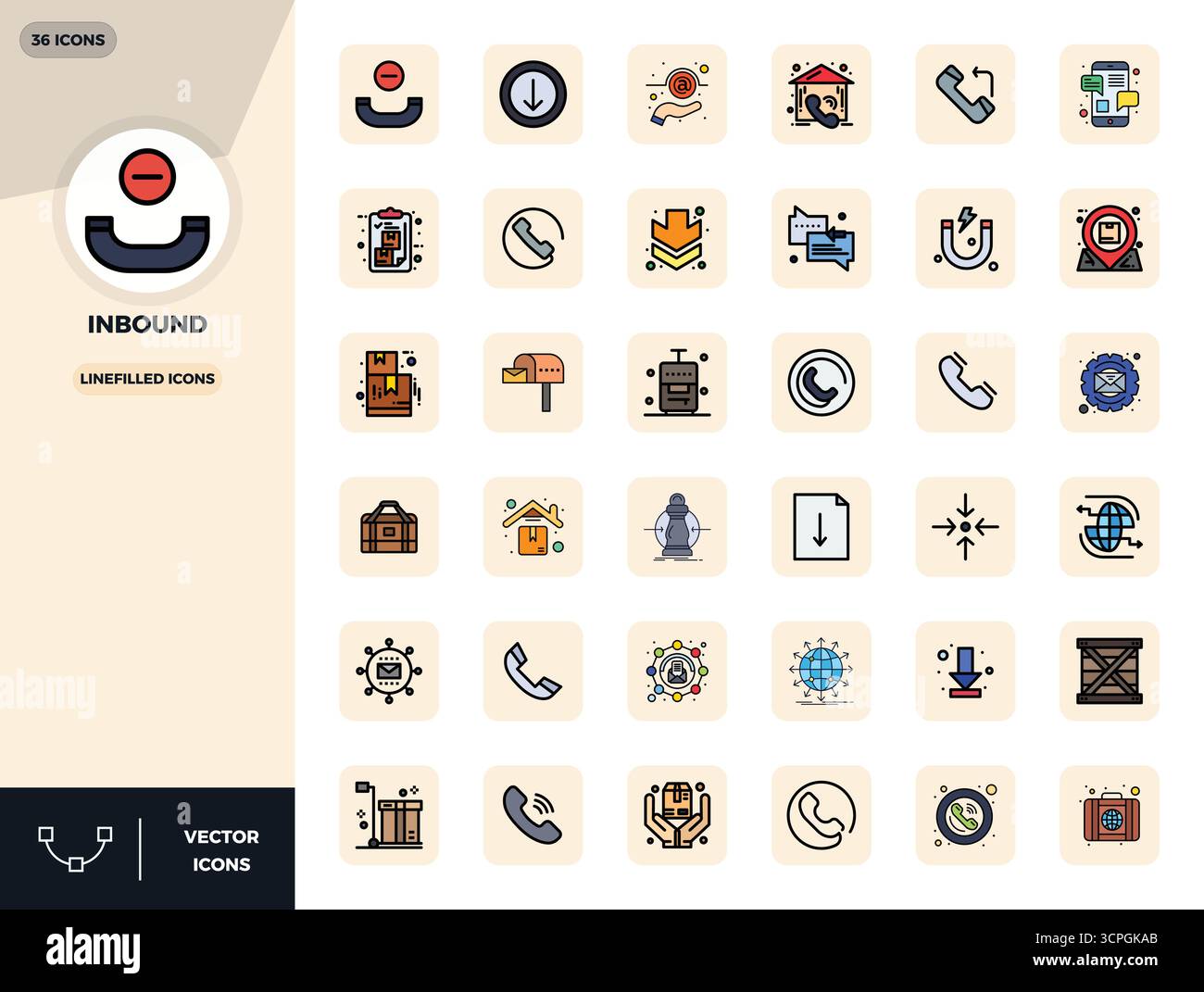 36 icone vettoriali progettate in modo professionale in LineFilled, che catturano l'essenza di Inbound con 128x128 PIXEL precisione perfetta per la progettazione dell'interfaccia utente. Illustrazione Vettoriale