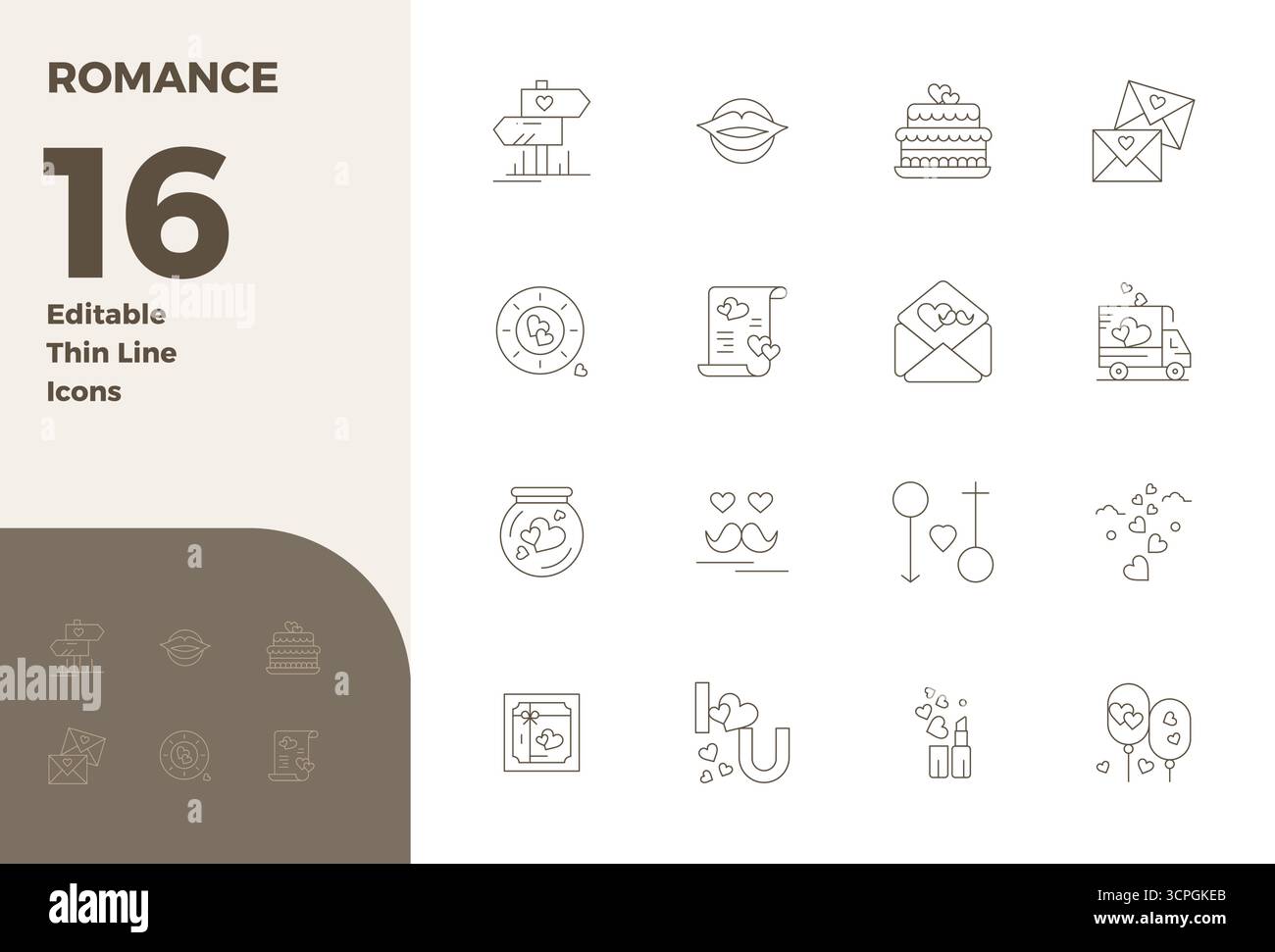 Collezione premium di 16 icone vettoriali Thin Line per Romance, meticolosamente realizzate in risoluzione perfetta da 128 x 128 PIXEL per un impatto visivo superiore. Illustrazione Vettoriale