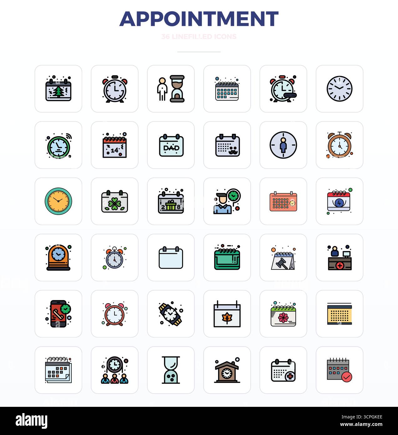 Kit di strumenti completo di 36 icone vettoriali incentrate sull'appuntamento, sviluppato in LineFill con 128 x 128 PIXEL precisione perfetta per un ap di progettazione versatile Illustrazione Vettoriale
