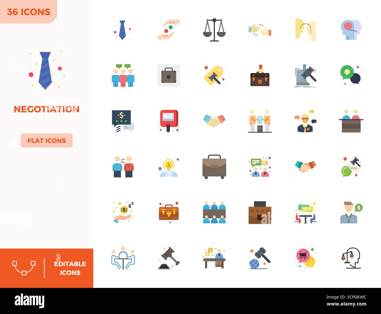 Set semplificato di 36 icone vettoriali per la negoziazione nell'estetica Flat Color, con risoluzione perfetta da 128 x 128 PIXEL per un'esperienza utente senza interruzioni. Illustrazione Vettoriale