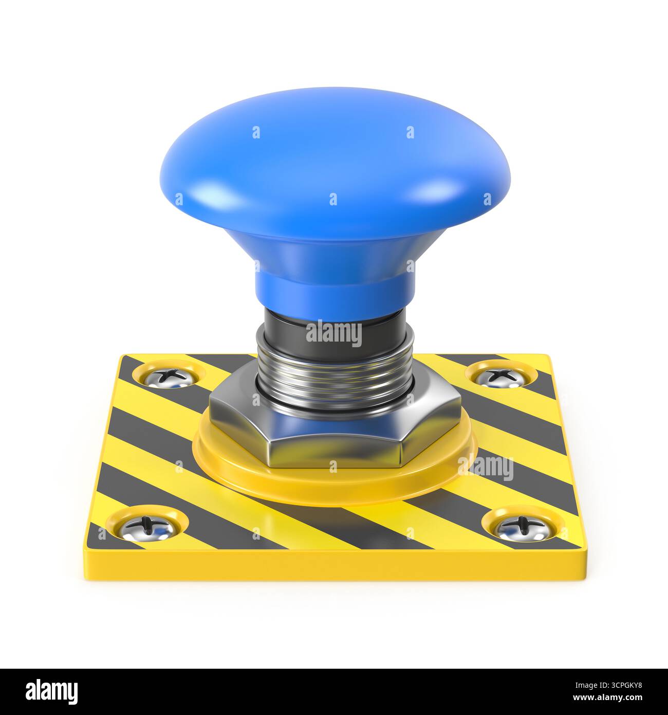 Bottone blu con base gialla e strisce di pericolo Foto Stock