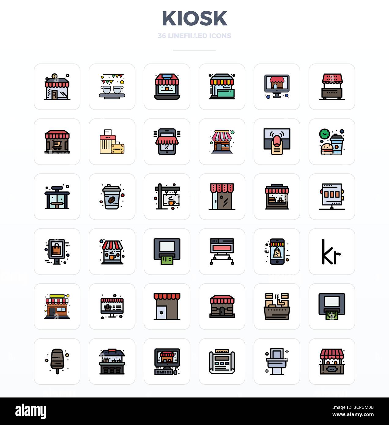 36 LineFill perfettamente bilanciate icone vettoriali perfette per chiosco, con dimensioni di 128x128 per un'integrazione armoniosa nei progetti di progettazione digitale. Illustrazione Vettoriale