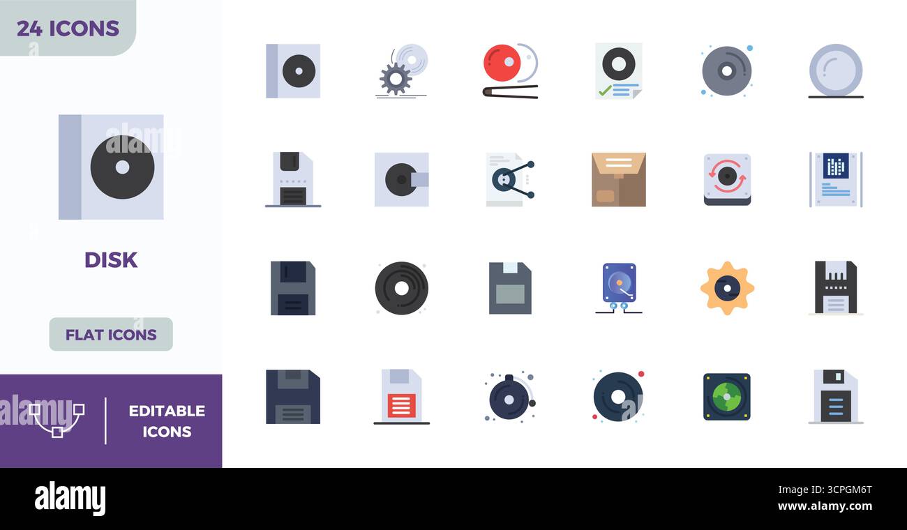 Raccolta ad alte prestazioni di 24 icone vettoriali Flat Color per disco, progettata con risoluzione perfetta da 128x128 PIXEL per un design ottimale dell'interfaccia utente Illustrazione Vettoriale