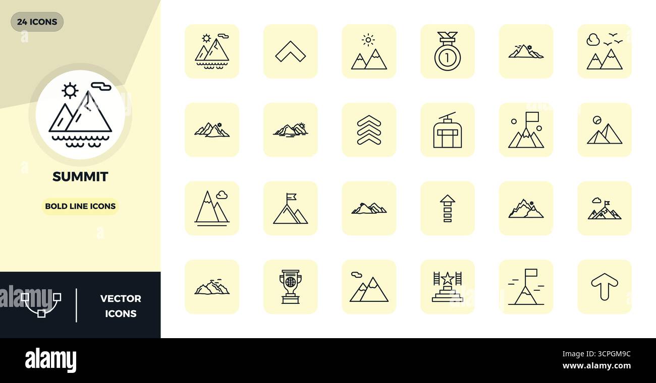 Icone vettoriali perfette a 24 PIXEL DI linea in grassetto per Summit, create con una risoluzione 128x128 per una straordinaria coerenza visiva su tutta la piattaforma Illustrazione Vettoriale