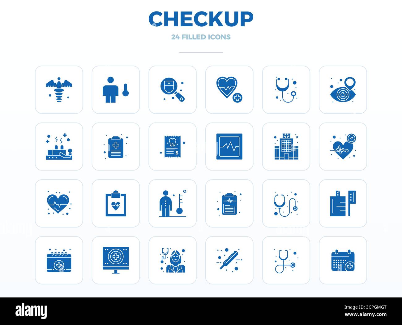 Pacchetto essenziale di icone vettoriali perfette da 24 PIXEL per Checkup in formato SolidFill, con dimensioni 128x128 per prestazioni e scalabilità ottimali. Illustrazione Vettoriale
