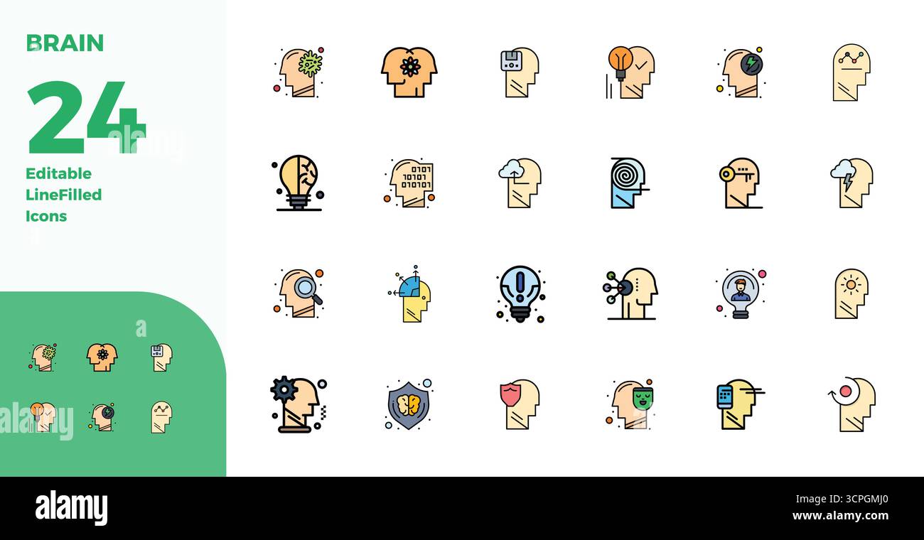 Pacchetto completo con 24 icone vettoriali nel design Duotone per il cervello, con una qualità perfetta di 128 x 128 PIXEL. Illustrazione Vettoriale