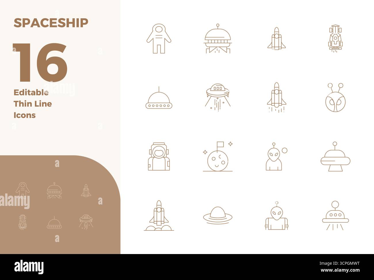 Collezione esclusiva di 16 icone vettoriali Thin Line per Spaceship, sviluppata con risoluzione perfetta da 128x128 PIXEL per esperienze di marca di livello premium. Illustrazione Vettoriale