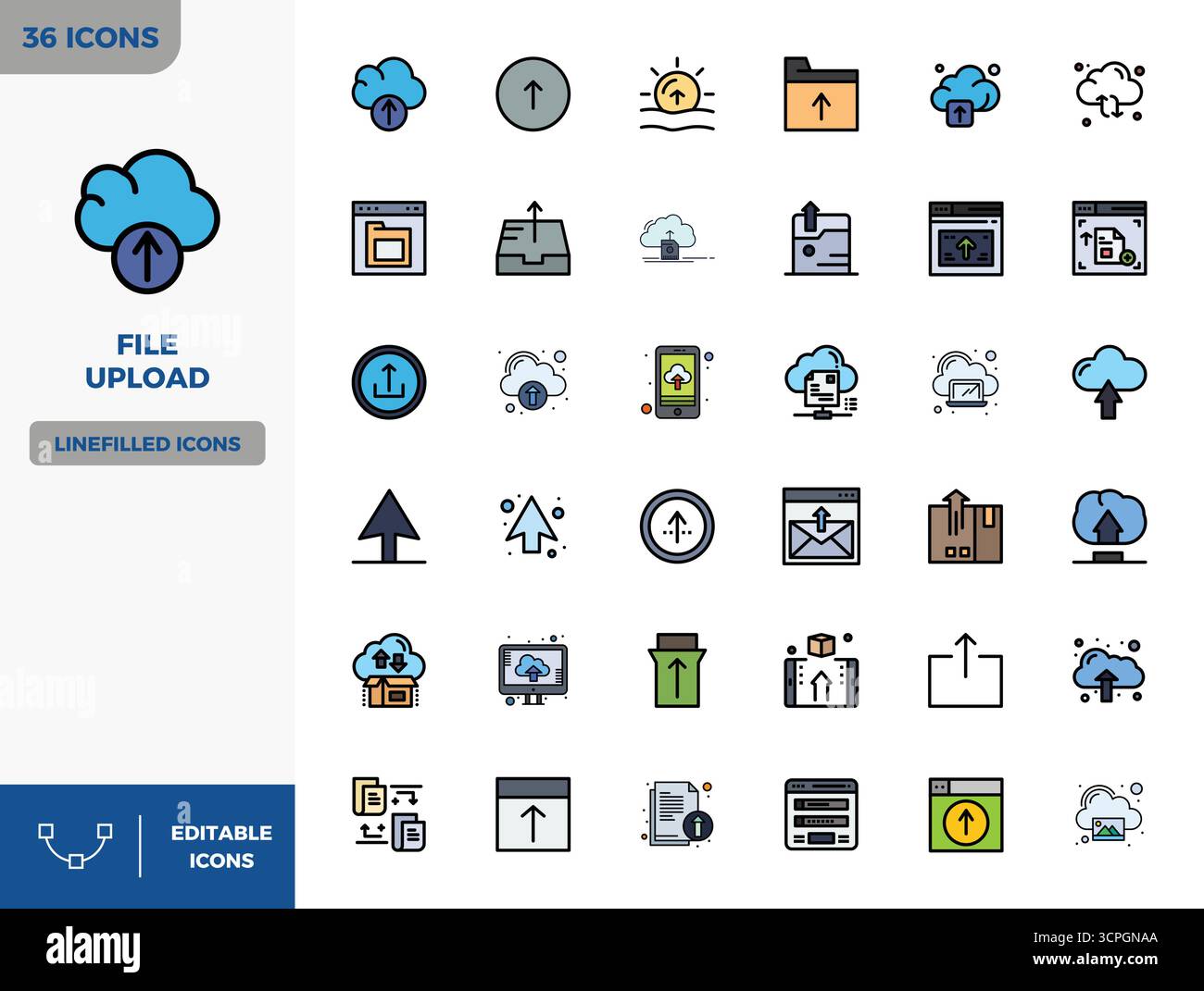 Pacchetto essenziale di icone vettoriali perfette da 36 PIXEL per il caricamento dei file in formato Flat Lineal Color, con dimensioni di 128x128 per prestazioni e scalabilità ottimali. Illustrazione Vettoriale