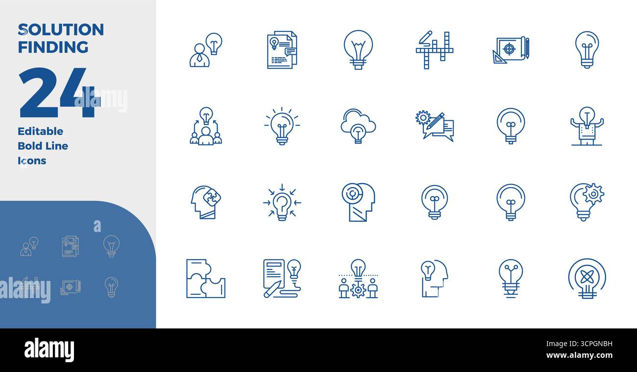 Set rivoluzionario di icone vettoriali perfette da 24 PIXEL ispirate al Solution Finding, creato in formato Bold Line con risoluzione 128x128 per un de all'avanguardia Illustrazione Vettoriale