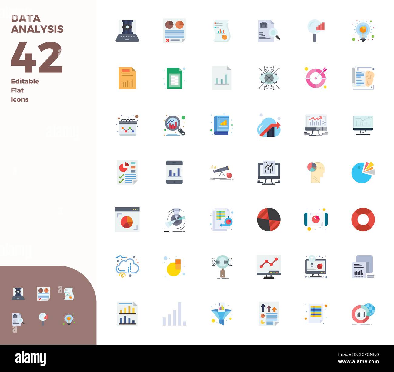 Questo set di 42 icone vettoriali piatte acquisisce temi di analisi dei dati con una qualità perfetta di 128 x 128 PIXEL, perfetta per applicazioni tecnologiche e aziendali. Illustrazione Vettoriale